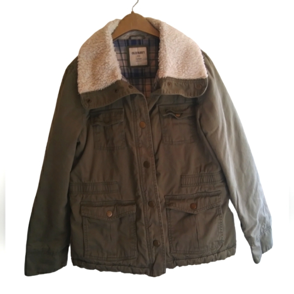 Old Navy Army Green Button Up Jacket with Sherpa Collar Size L